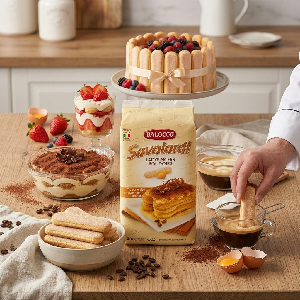 Balocco sponge fingers packaging with tiramisu, strawberry dessert, and coffee.