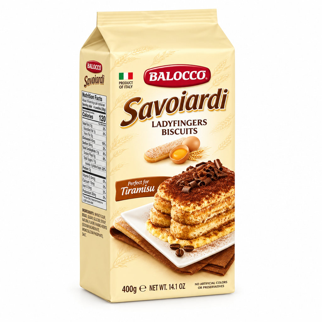 Package of unitedbakerysupplies Savoiardi sponge fingers with a dessert image