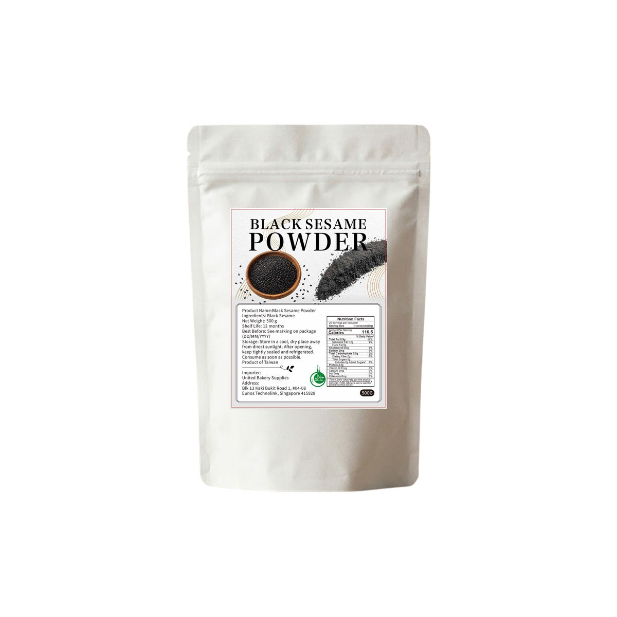 A white pouch of unitedbakerysupplies Black Sesame Powder with nutrition facts label.
