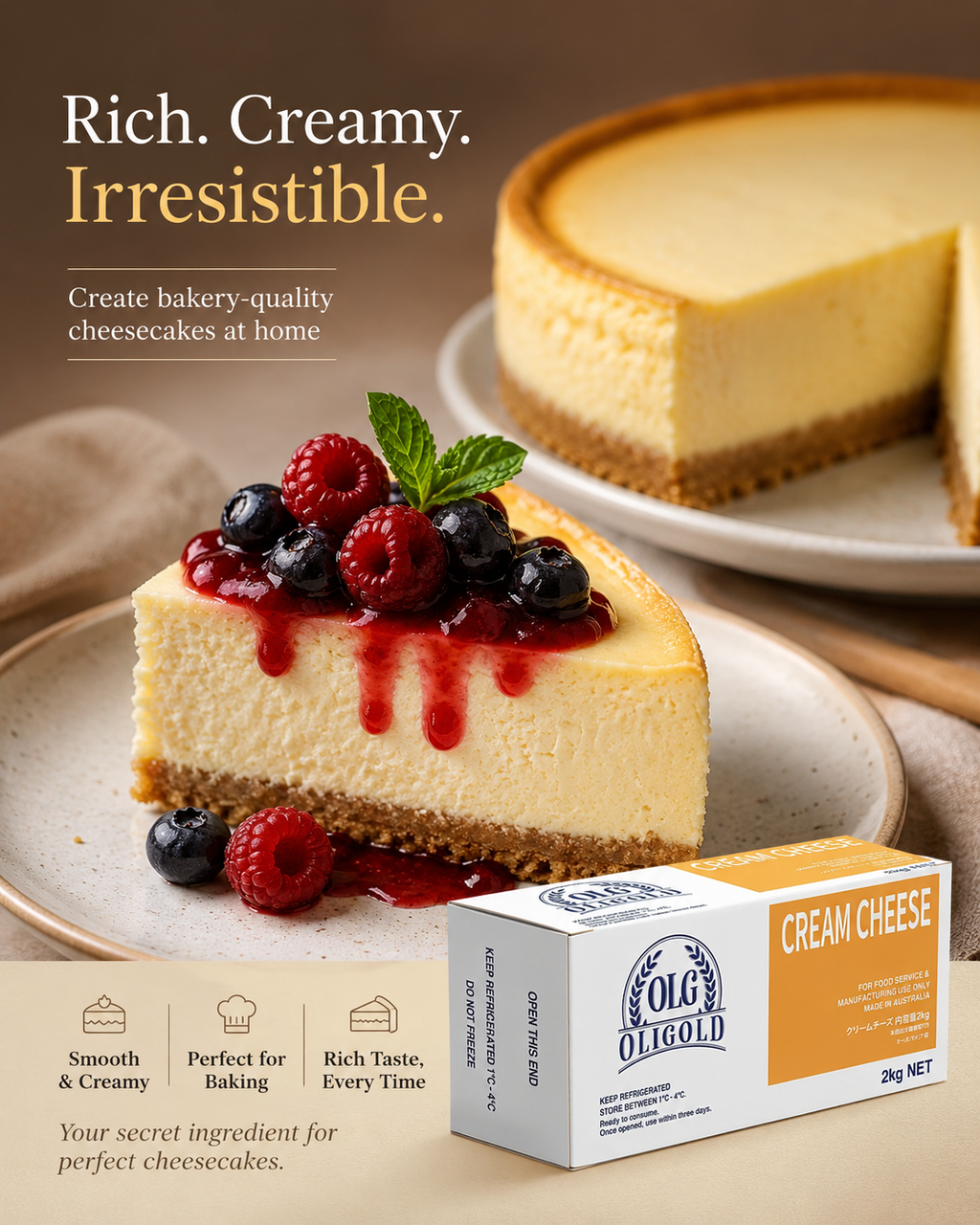 Slices of cheesecake topped with berries and a block of unitedbakerysupplies cream cheese.