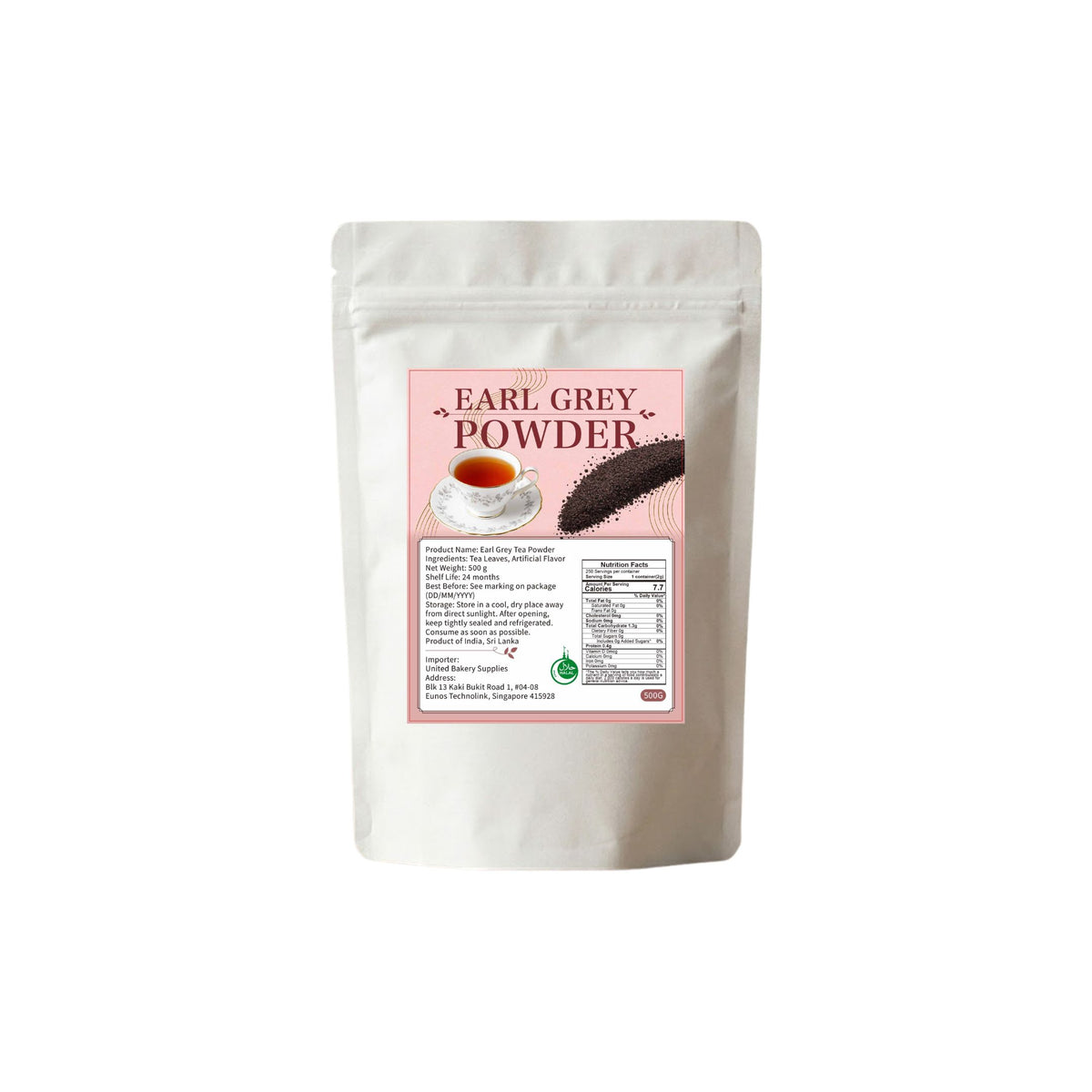Bag of unitedbakerysupplies Earl Grey Powder with nutrition facts and tea imagery