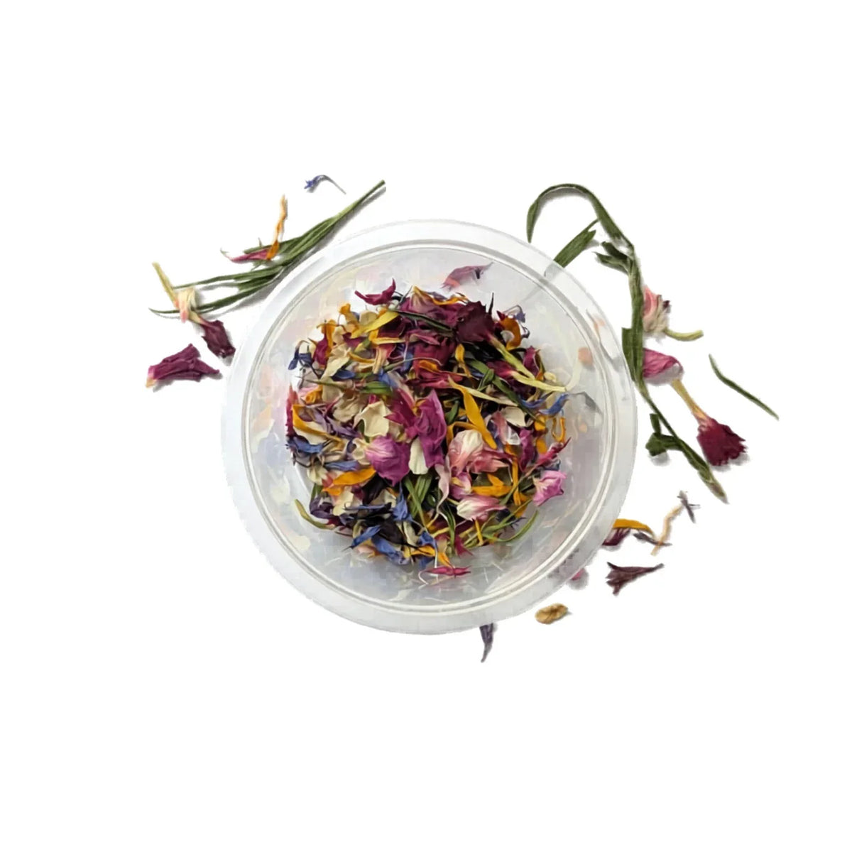 Pete & Will's Edible Flower Mix in a clear plastic container on a white background