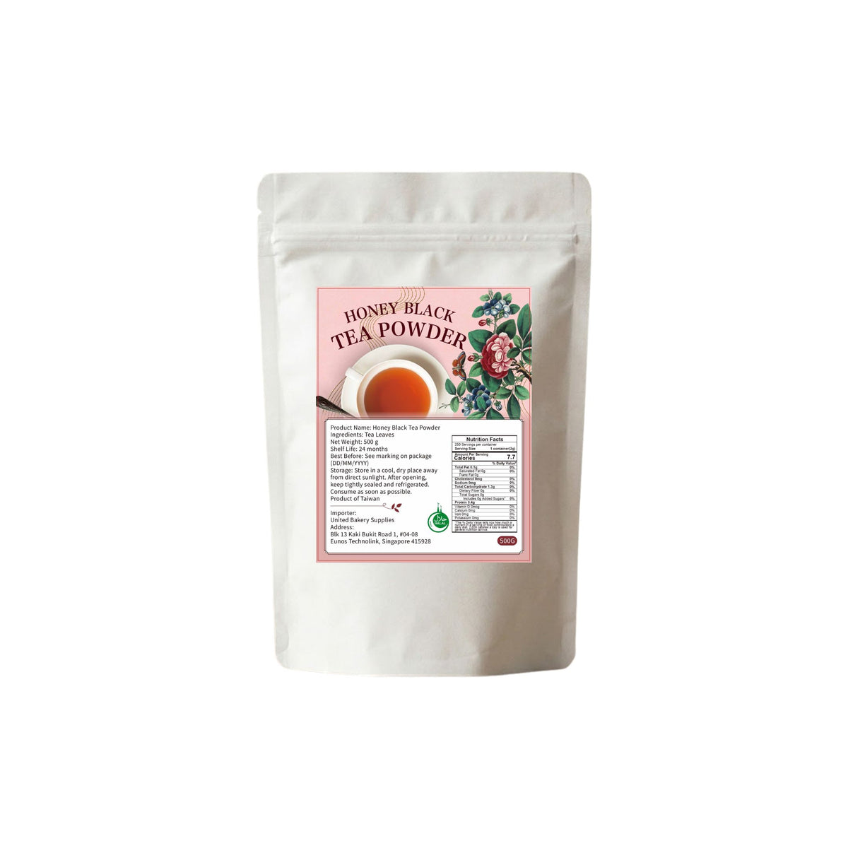 A white pouch of unitedbakerysupplies Honey Black Tea Powder with floral label design.