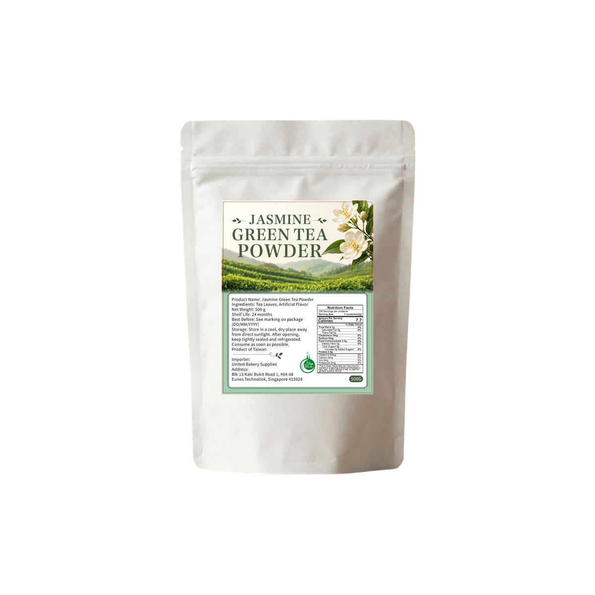 A white pouch of unitedbakerysupplies Jasmine Green Tea Powder with nutrition facts label.