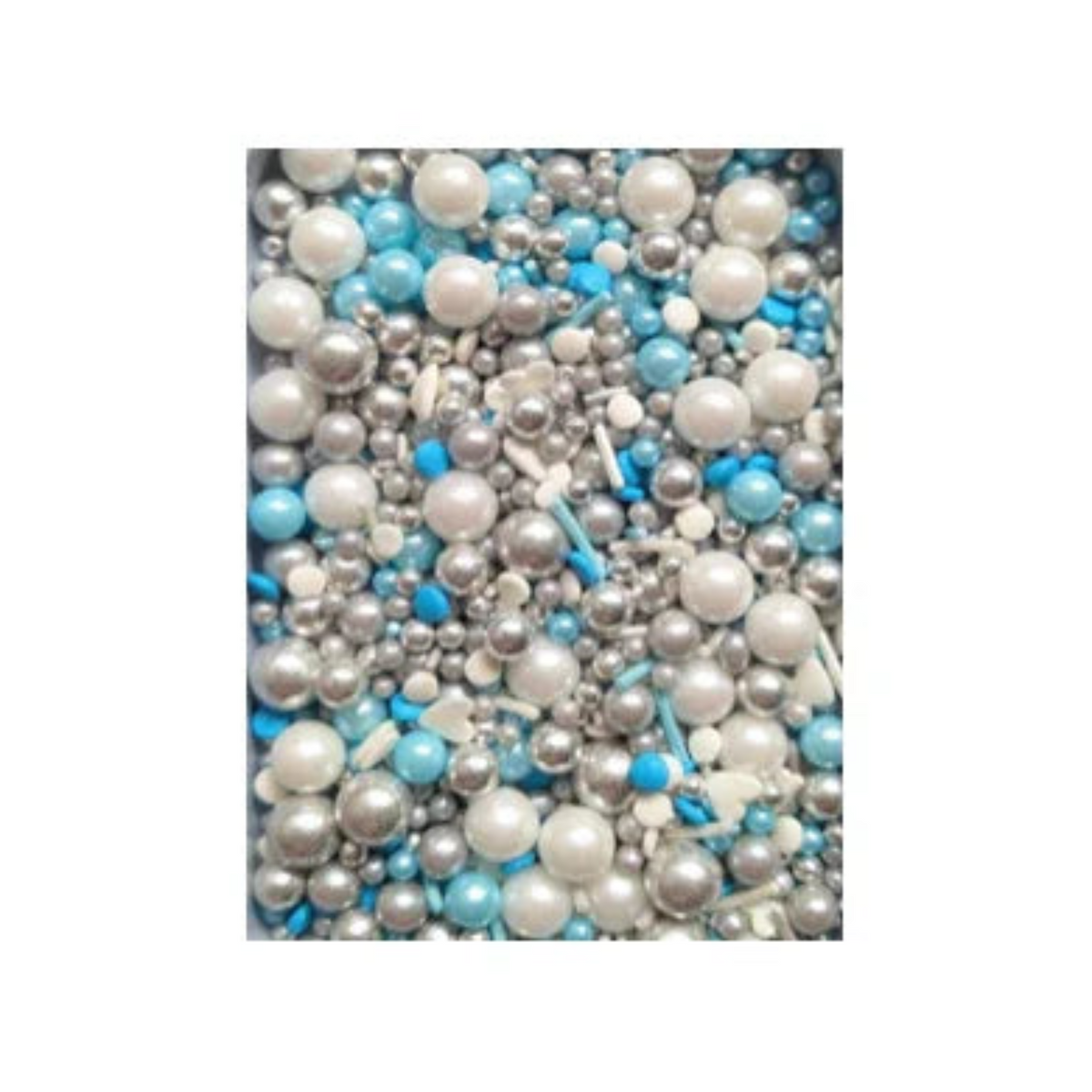 Pete & Will's Little Blue Box cake decorations with white, blue, and silver sugar pearls.