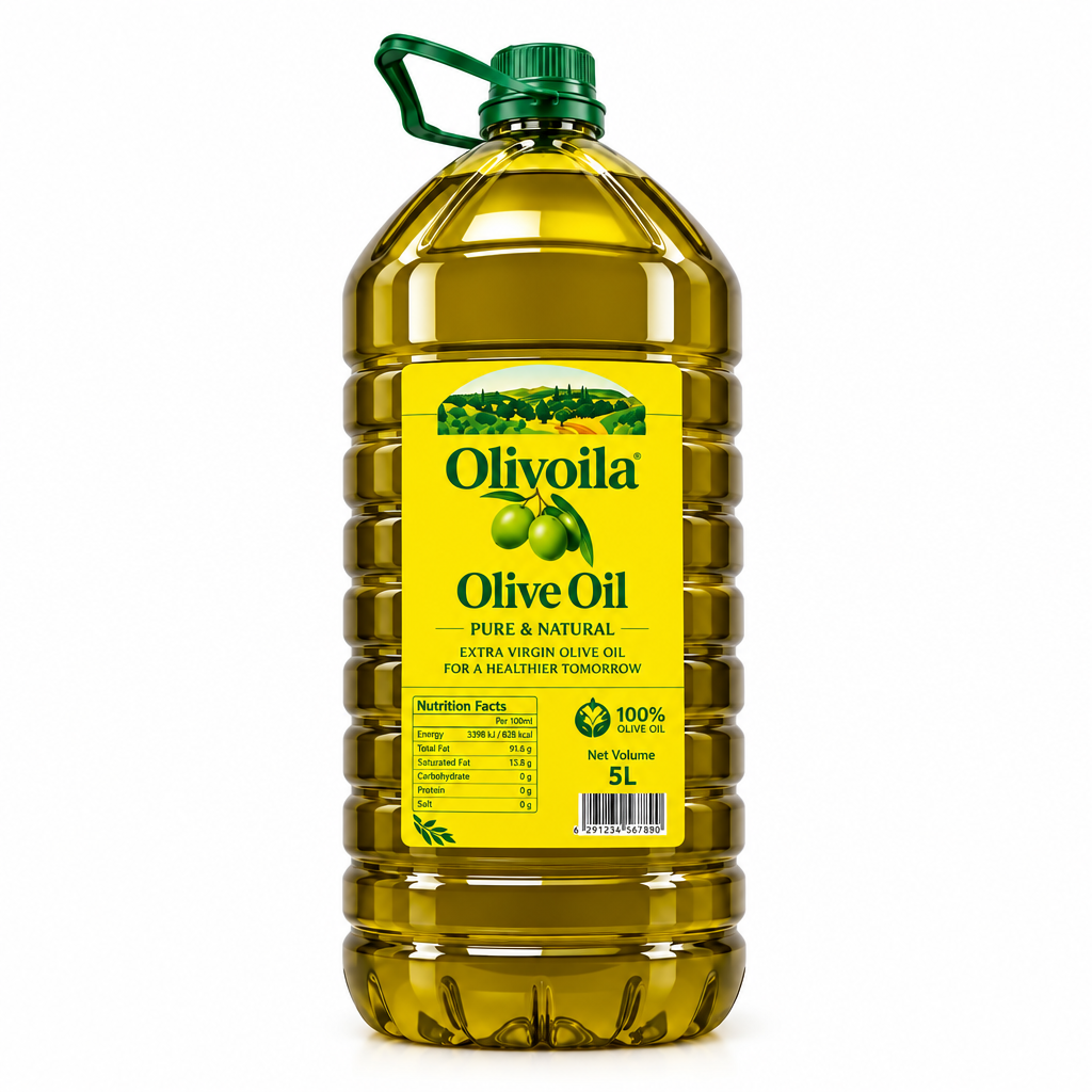 Large plastic jug of Olivoila olive oil with yellow label