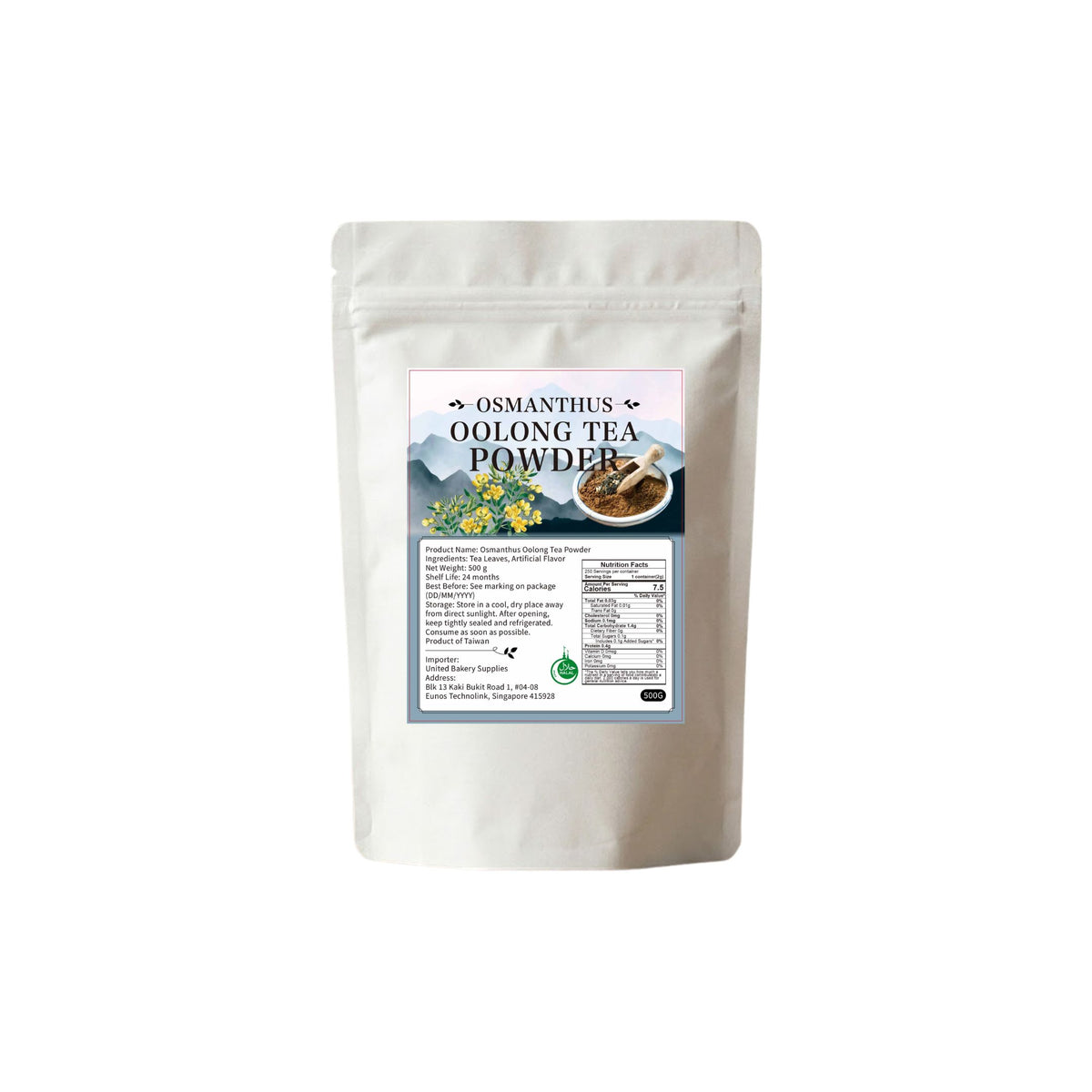 White pouch of unitedbakerysupplies Osmanthus Oolong Tea Powder with nutritional facts label.