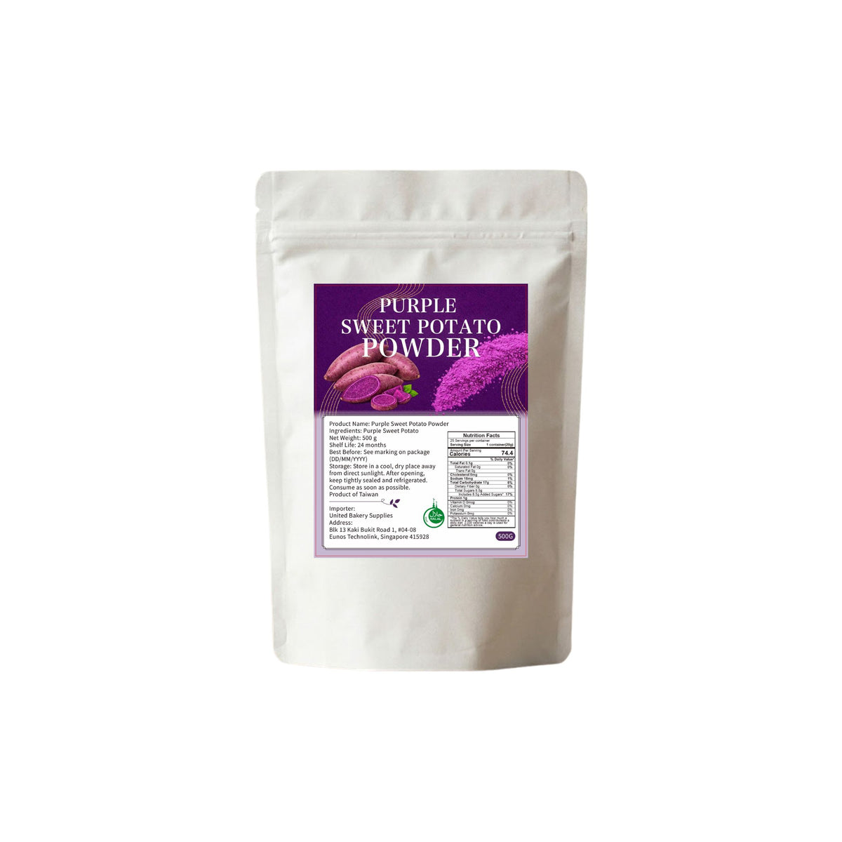 A white stand-up pouch of purple sweet potato powder by unitedbakerysupplies.