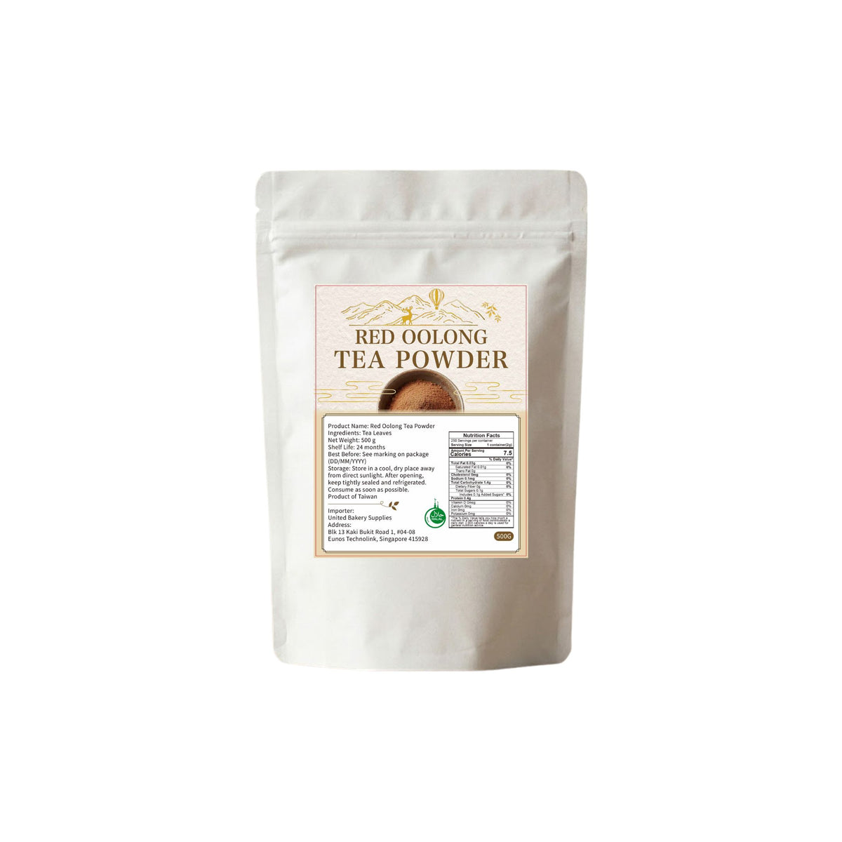 White pouch of unitedbakerysupplies Red Oolong Tea Powder with nutritional information label.
