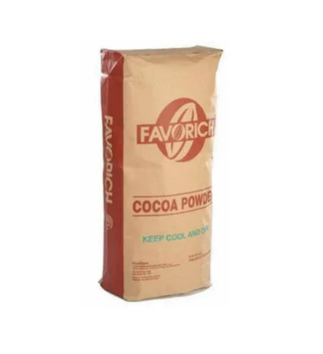 A large brown paper bag of Favorich cocoa powder for baking.