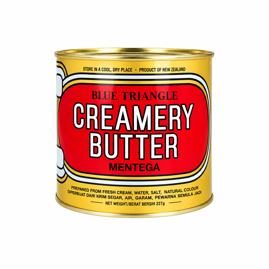 A tin of unitedbakerysupplies creamery butter with a red label and yellow accents.