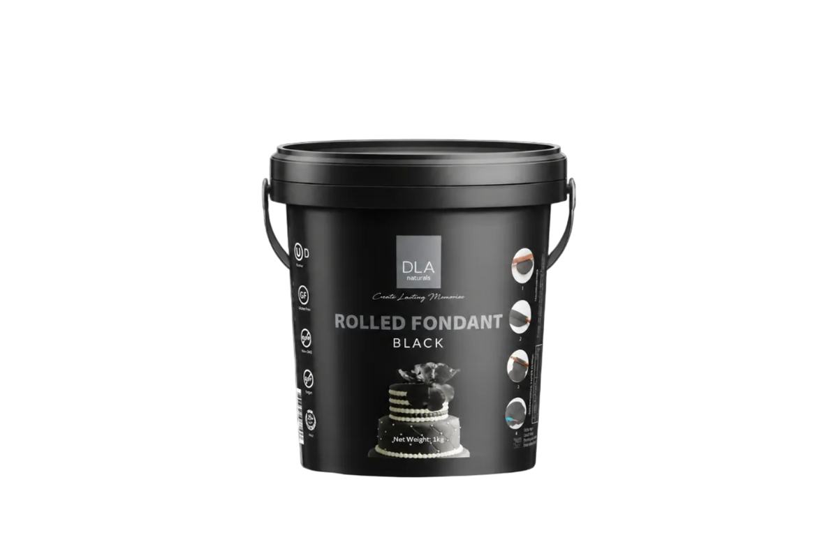 DLA Naturals black rolled fondant 1kg bucket for cake decorating