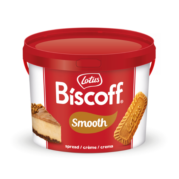 Tub of unitedbakerysupplies Lotus Biscoff Smooth Spread with biscuit and cheesecake slice.