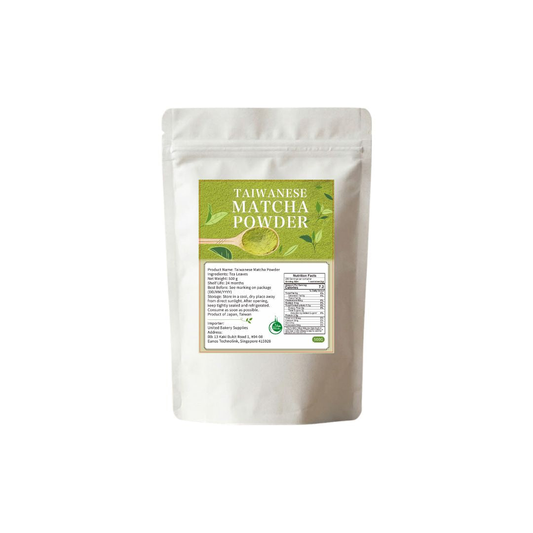 Package of unitedbakerysupplies Taiwanese Matcha Powder with nutrition facts label