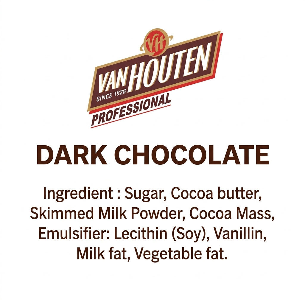 Van Houten Professional Dark Chocolate ingredients list including sugar, cocoa butter and cocoa mass.