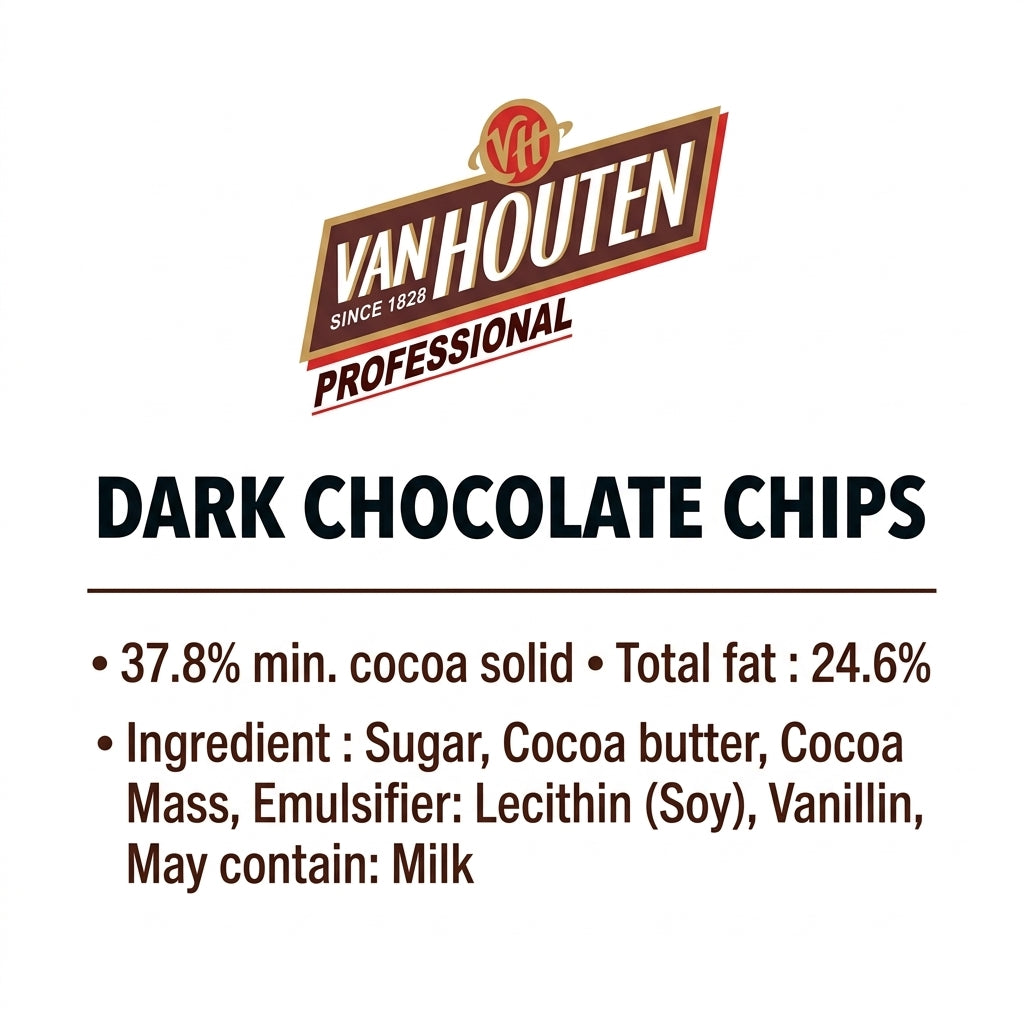 unitedbakerysupplies Dark Chocolate Chips with ingredient list and 37.8% cocoa solids.