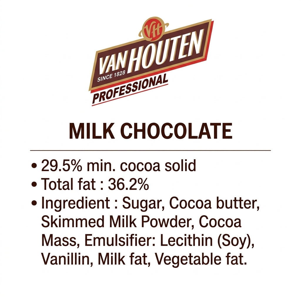 Van Houten Professional Milk Chocolate with 29.5% cocoa solids and ingredient list.