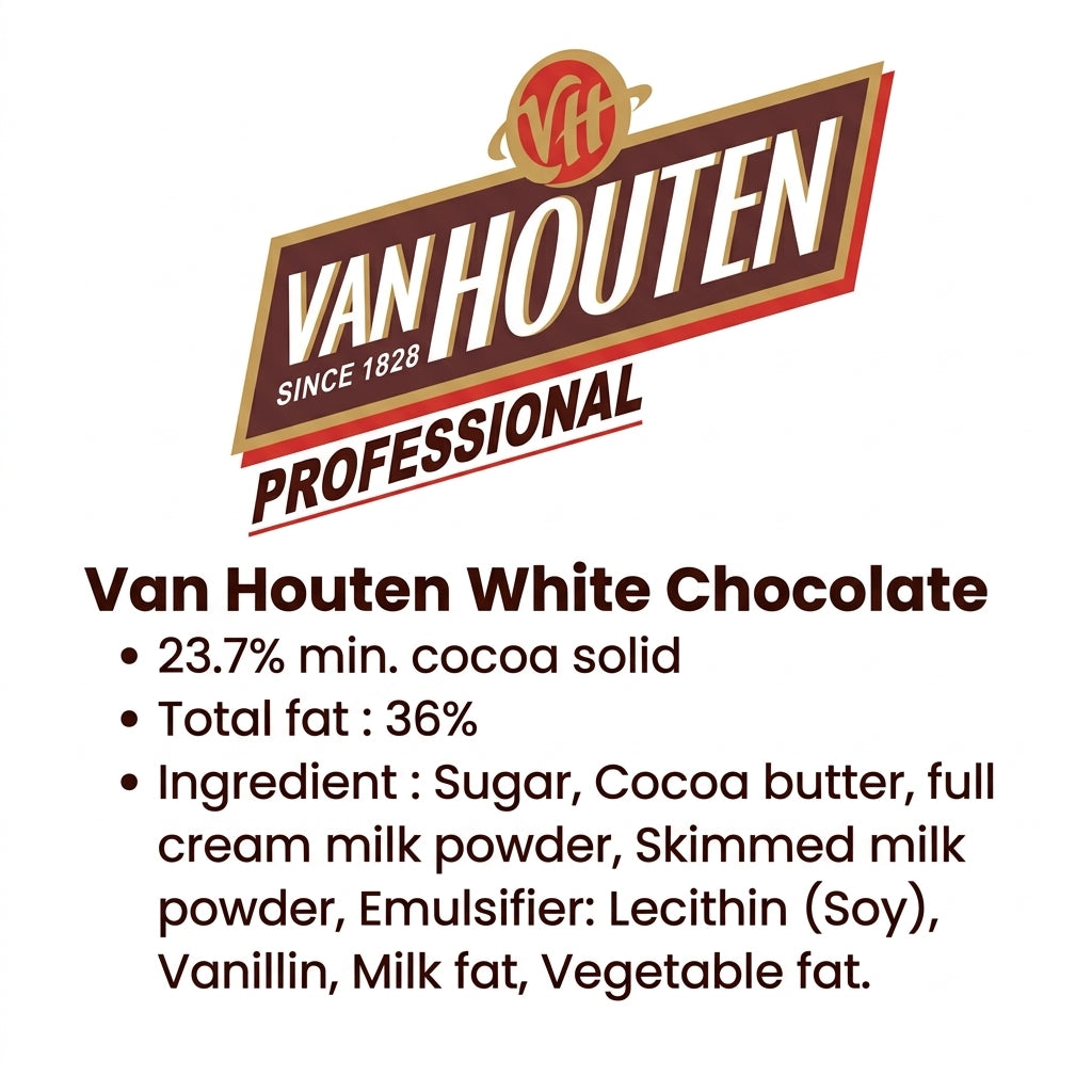 Van Houten Professional White Chocolate specifications showing 23.7% cocoa solid and ingredients.