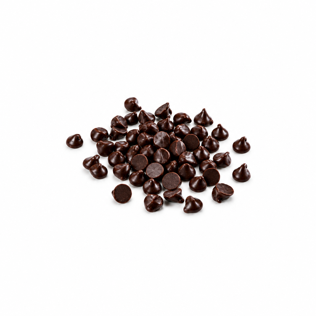 Van Houten dark chocolate chips scattered on a white background
