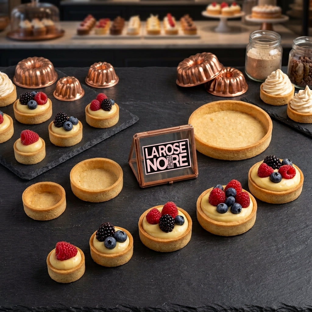 La Rose Noire mini round tart shells filled with cream and fresh berries on a dark slate surface